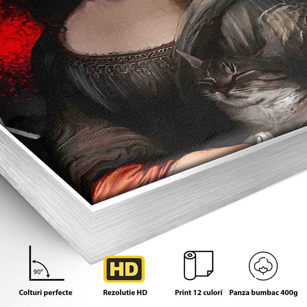 Detaliu al suprafetei: tablou canvas cu mona lisa si o pisica, in rama de aluminiu argintiu